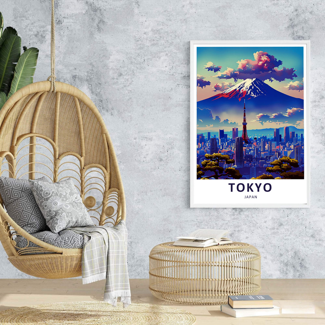 Colorful illustration of Tokyo city center with Mount Fuji rising above glowing sunset clouds. Offered by MapYourDreams, this artwork is available in flexible options including unframed paper, custom wooden frames, and gallery canvas wraps.
