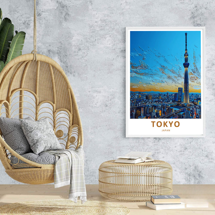 Colorful illustration of Tokyo city center with historic and modern towers under bright skies. Offered by MapYourDreams, this artwork is available in flexible options including unframed paper, custom wooden frames, and gallery canvas wraps.