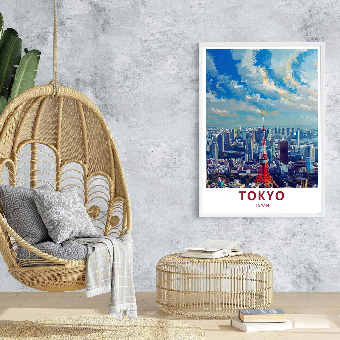 Colorful illustration of Tokyo city center with red lattice tower under dramatic blue skies. Offered by MapYourDreams, this artwork is available in flexible options including unframed paper, custom wooden frames, and gallery canvas wraps.