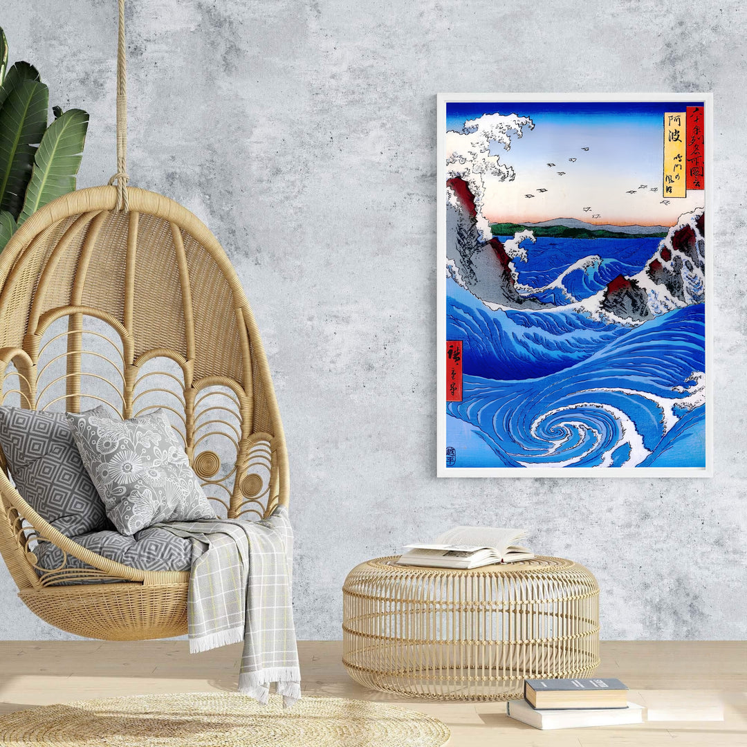 Blue ocean vintage Japanese wall art Naruto Whirlpool Awa Province by artist Utagawa Hiroshige showing dramatic coastal rocks in Naruto Whirlpool Awa Province. Browse archival framed, unframed, and canvas poster choices at MapYourDreams.