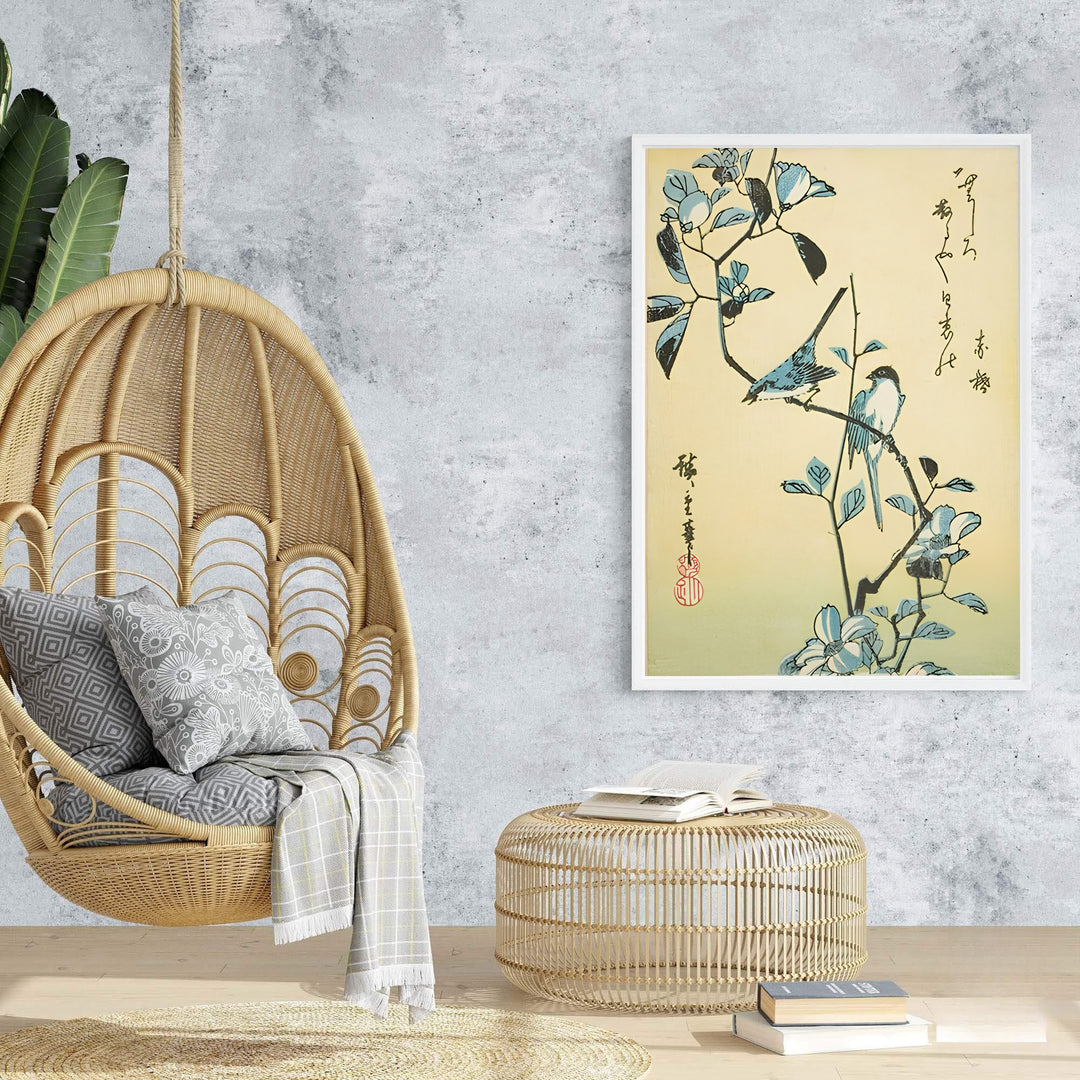 Muted cream vintage Japanese wall art Birds Flowering Branch by artist Utagawa Hiroshige showing perched songbirds in Edo Botanical Garden. Browse archival framed, unframed, and canvas poster choices at MapYourDreams.