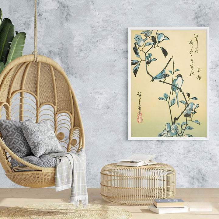 Muted cream vintage Japanese wall art Birds Flowering Branch by artist Utagawa Hiroshige showing perched songbirds in Edo Botanical Garden. Browse archival framed, unframed, and canvas poster choices at MapYourDreams.