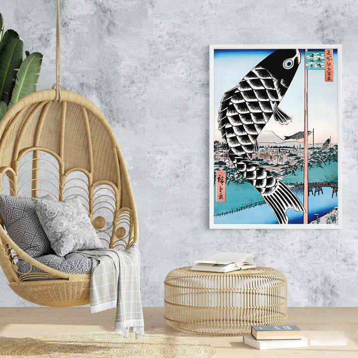 Blue sky vintage Japanese wall art Giant Carp Streamer by artist Utagawa Hiroshige showing Suidō Bridge and Mount Fuji in Mount Fuji Suidō Bridge. Browse archival framed, unframed, and canvas poster choices at MapYourDreams.