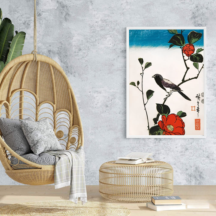 Soft sky vintage Japanese wall art Java Sparrow Camellia by artist Utagawa Hiroshige showing camellia branch and perched bird in Kyoto Camellia Garden. Browse archival framed, unframed, and canvas poster choices at MapYourDreams.