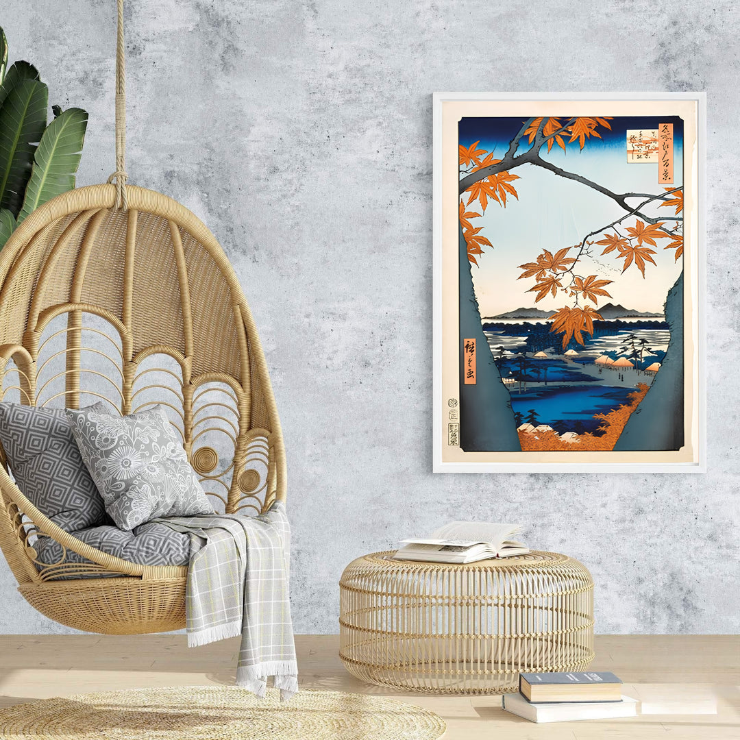Soft blue river vintage Japanese wall art Maple Trees at Mama by artist Utagawa Hiroshige showing foliage framing at Maple Trees at Mama and Tekona Shrine. Browse archival framed, unframed, and canvas poster choices at MapYourDreams.