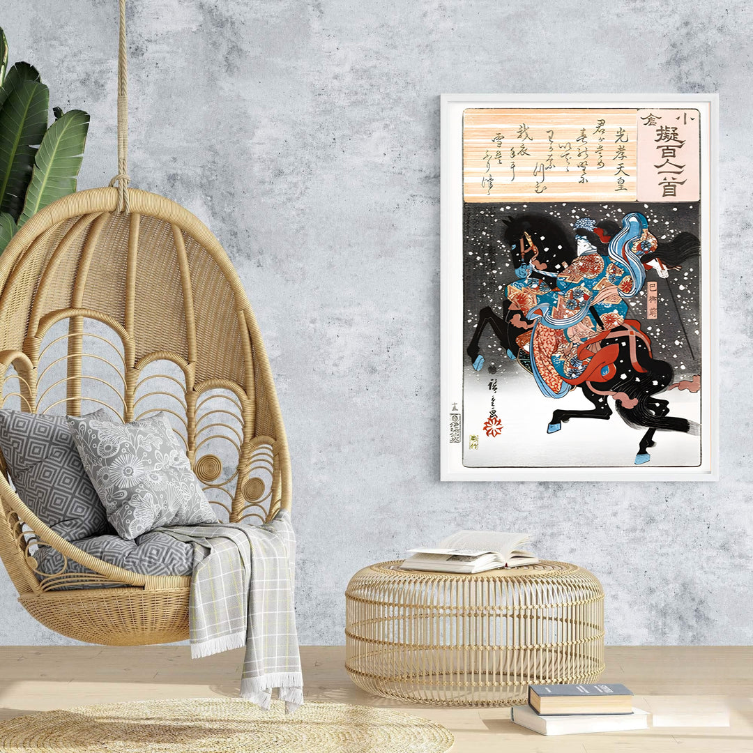 Dramatic snow scene vintage Japanese wall art Emperor Koko Tomoe Gozen by artist Utagawa Kunisada showing samurai rider on black horse at Kurikara Pass Battleground. Browse archival framed, unframed, and canvas poster choices at MapYourDreams.