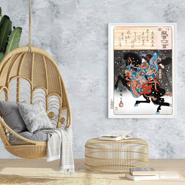 Dramatic snow scene vintage Japanese wall art Emperor Koko Tomoe Gozen by artist Utagawa Kunisada showing samurai rider on black horse at Kurikara Pass Battleground. Browse archival framed, unframed, and canvas poster choices at MapYourDreams.