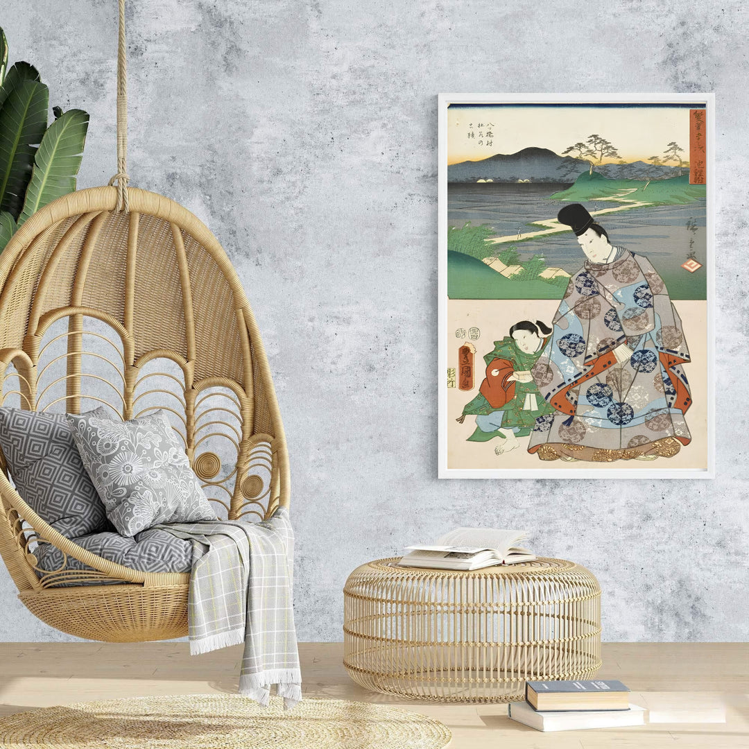 Elegant Japanese court poster Chiryu Yatsuhashi by artist Utagawa Kunisada and Utagawa Hiroshige featuring nobleman and page at Chiryu Post Station and Yatsuhashi Bridge. MapYourDreams features framed, unframed, and canvas print options for office wall art decor.
