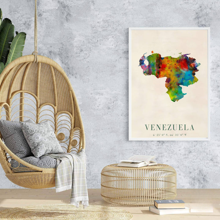 High-quality abstract map print bringing artistic color, watercolor texture, and geographic pride into home interiors. An exclusive from MapYourDreams, you can select your preferred style from borderless paper prints, custom wooden framing, or gallery canvas wraps.