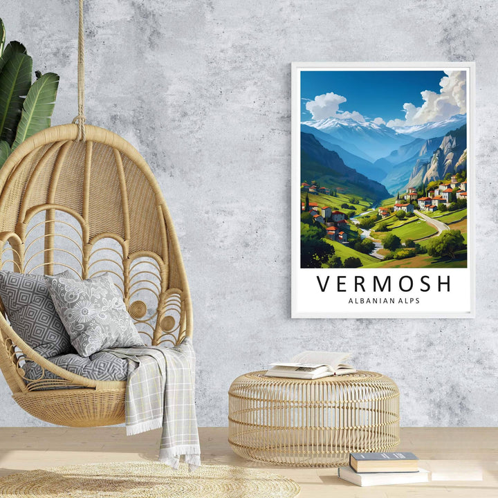 Majestic limestone peaks rise behind the sunlit pastures of Vermosh in this contemporary European vector travel poster. Offered in customizable options such as archival paper, wood framing, and stretched canvas wraps.