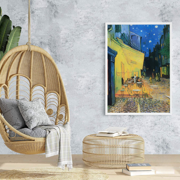 Vintage post-impressionism poster print of Vincent van Gogh Cafe Terrace at Night 1888 rendered with luminous detail on Place du Forum in Arles France. Browse archival framed wall art, unframed poster prints, and stretched gallery canvas options at MapYourDreams for dining rooms.