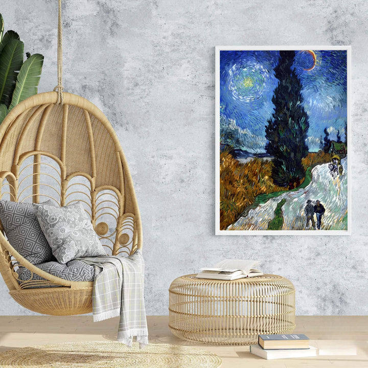 Vintage post-impressionism poster print of Vincent van Gogh Country Road in Provence by Night 1890 rendered with swirling night detail in Saint-Rémy-de-Provence France. Browse archival framed wall art, unframed poster prints, and stretched gallery canvas options at MapYourDreams.