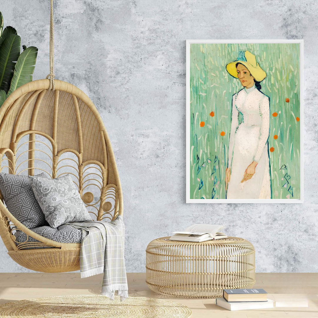 Vintage post-impressionism poster print of Vincent van Gogh Girl in White 1890 rendered with expressive vertical strokes in Auvers-sur-Oise France. Browse archival framed wall art, unframed poster prints, and stretched gallery canvas options at MapYourDreams.