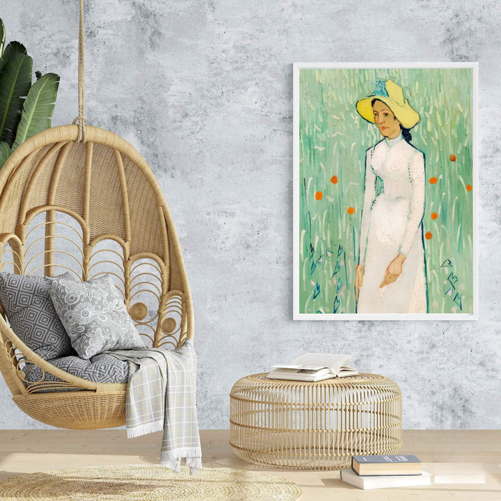 Vintage post-impressionism poster print of Vincent van Gogh Girl in White 1890 rendered with expressive vertical strokes in Auvers-sur-Oise France. Browse archival framed wall art, unframed poster prints, and stretched gallery canvas options at MapYourDreams.