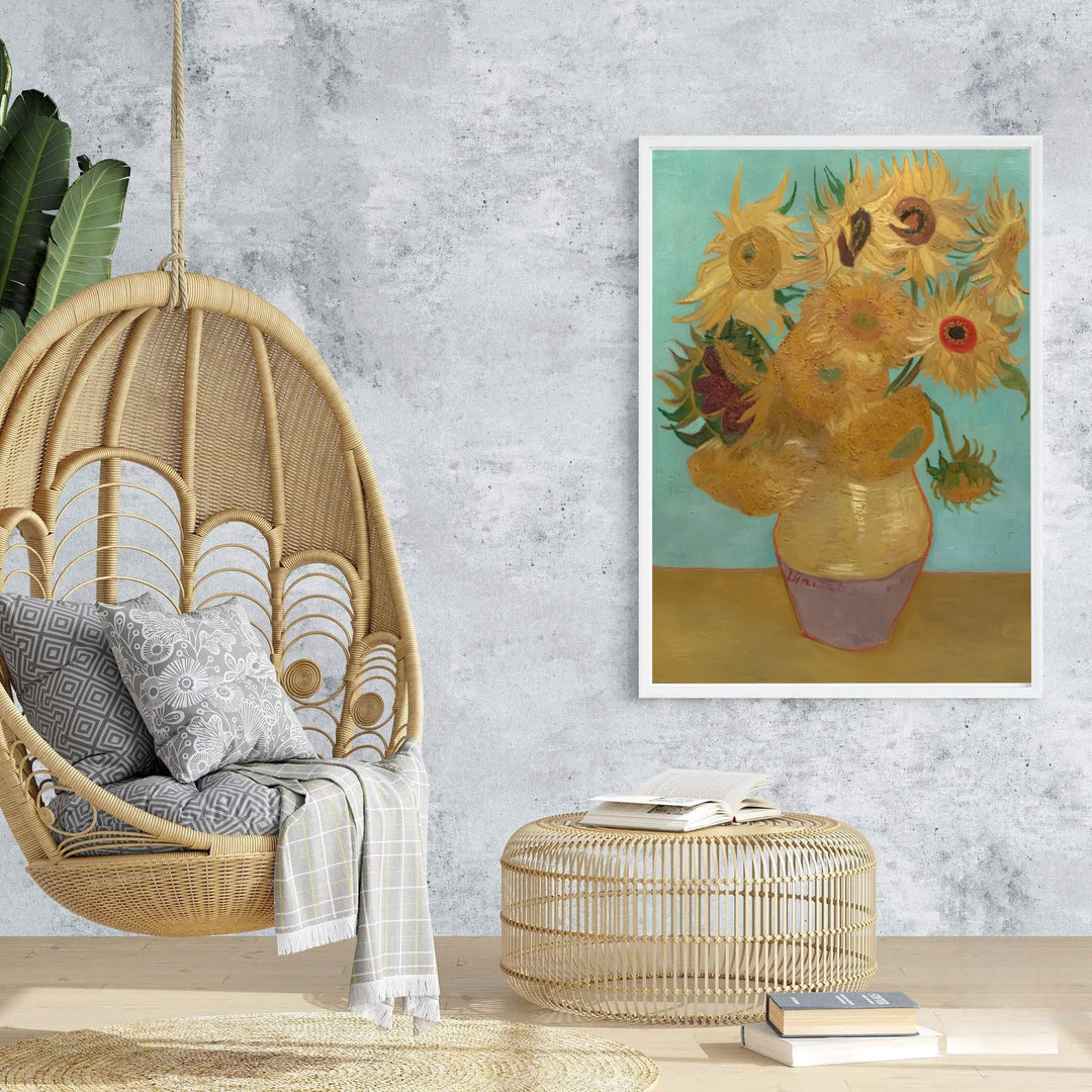 Vintage Post-Impressionism poster print of Vincent van Gogh Sunflowers on Blue 1888 rendered with vivid contrast in Arles France. Browse archival framed wall art, unframed poster prints, and stretched gallery canvas options at MapYourDreams.