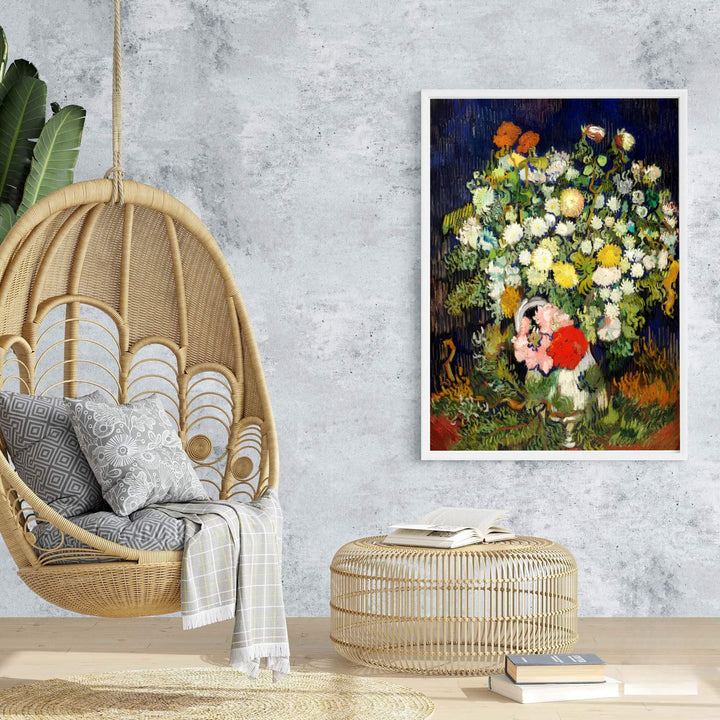 Vintage Post-Impressionism poster print of Vincent van Gogh Vase With Flowers 1890 rendered with deep blue tones in Auvers-sur-Oise France. Browse archival framed wall art, unframed poster prints, and stretched gallery canvas options at MapYourDreams.