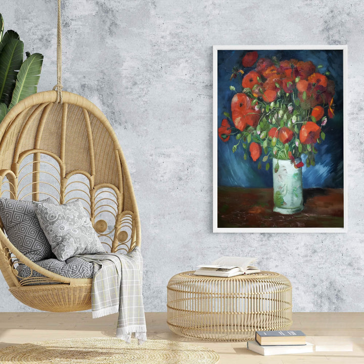 Vintage Post-Impressionism poster print of Vincent van Gogh Vase With Red Poppies 1886 rendered with warm red hues in Paris France. Browse archival framed wall art, unframed poster prints, and stretched gallery canvas options at MapYourDreams for classic decor themes.