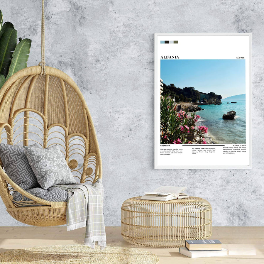 Majestic sea views and historic coastal tunnels rise behind blossoming flowers in Vlorë in this contemporary European photography travel poster. Offered in customizable options such as archival paper, wood framing, and stretched canvas wraps.