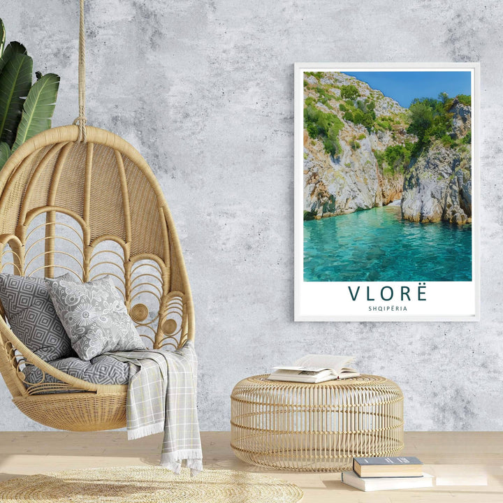 Majestic limestone gorges rise behind the sunlit waters of Gjipe in this contemporary European vector travel poster. Offered in customizable options such as archival paper, wood framing, and stretched canvas wraps.