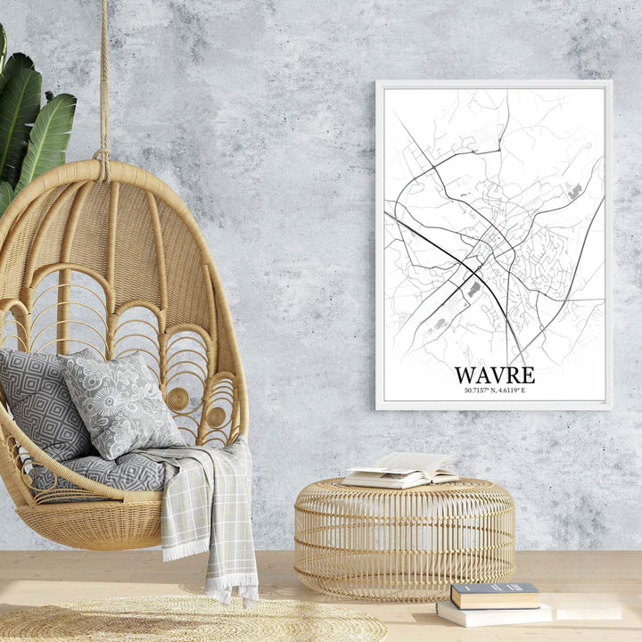 High-definition vector city grid print of Wavre, Belgium, showcasing fine architectural road lines and geographic coordinates clearly. Offered by MapYourDreams, this artwork is available in flexible options including unframed paper, custom wooden frames, and gallery canvas wraps.
