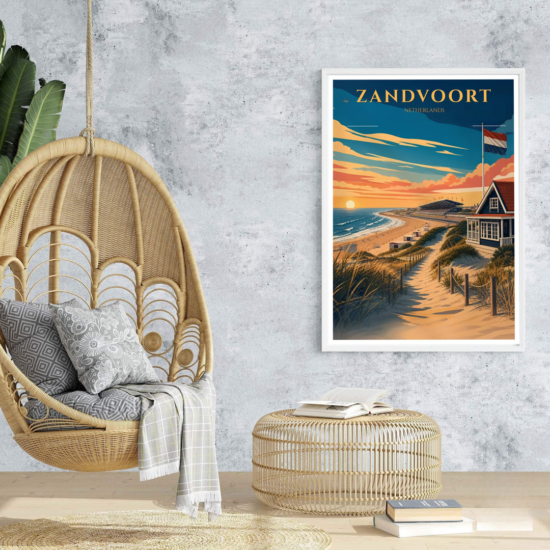 Vibrant retro coastal poster of Zandvoort Netherlands dune trails and sunset waves, offered at MapYourDreams with options for unframed paper prints, gallery-quality stretched canvas, or custom frame finishes for bright home interior arrangements.