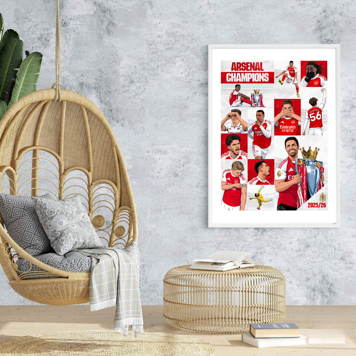 High quality wall decor art print of Arsenal FC 2025/26 title winners celebrating at Emirates Stadium, available as unframed prints, framed options, or canvas for home decoration.