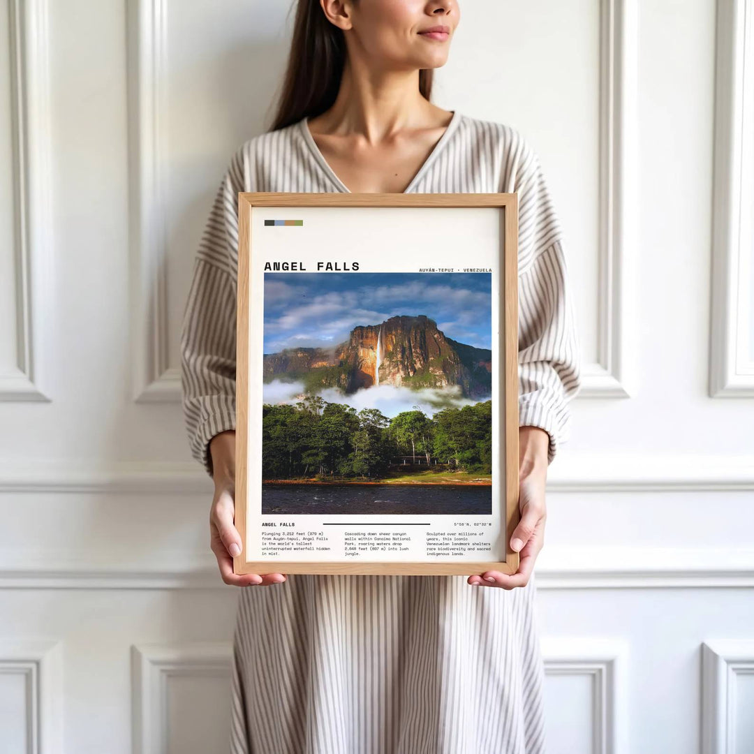Saturated green and gold travel print showing the towering Auyán-tepui cliff and river basin of Angel Falls in Venezuela. Skillfully produced by MapYourDreams, this artwork is provided in multiple formats including unframed paper stock, custom frames, or stretched canvas wraps.