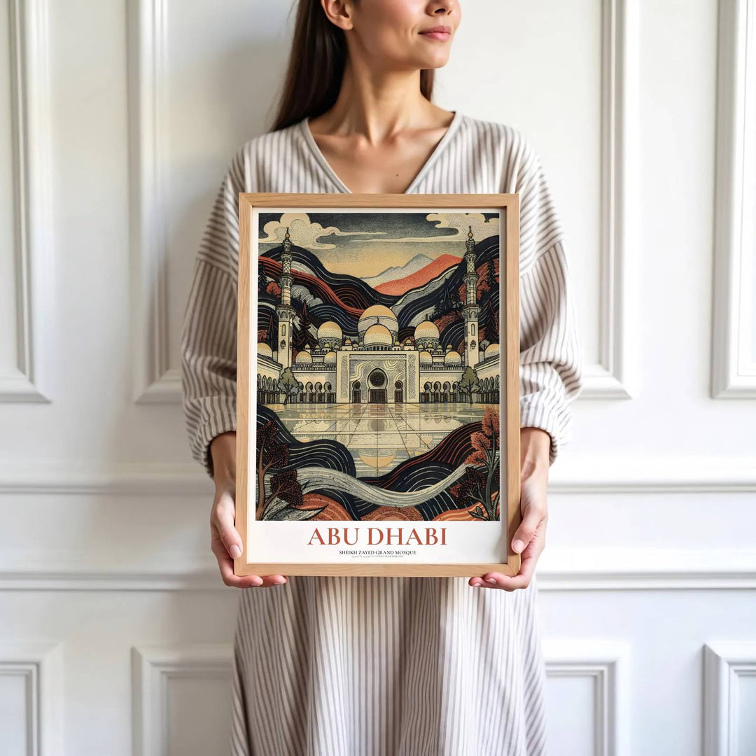 Intricate woodblock depiction of Sheikh Zayed Mosque in Abu Dhabi showcasing domes, archways, and reflecting pool. Brought by MapYourDreams, this artwork is available in flexible options including unframed paper, custom wooden frames, and gallery canvas wraps for office space art.