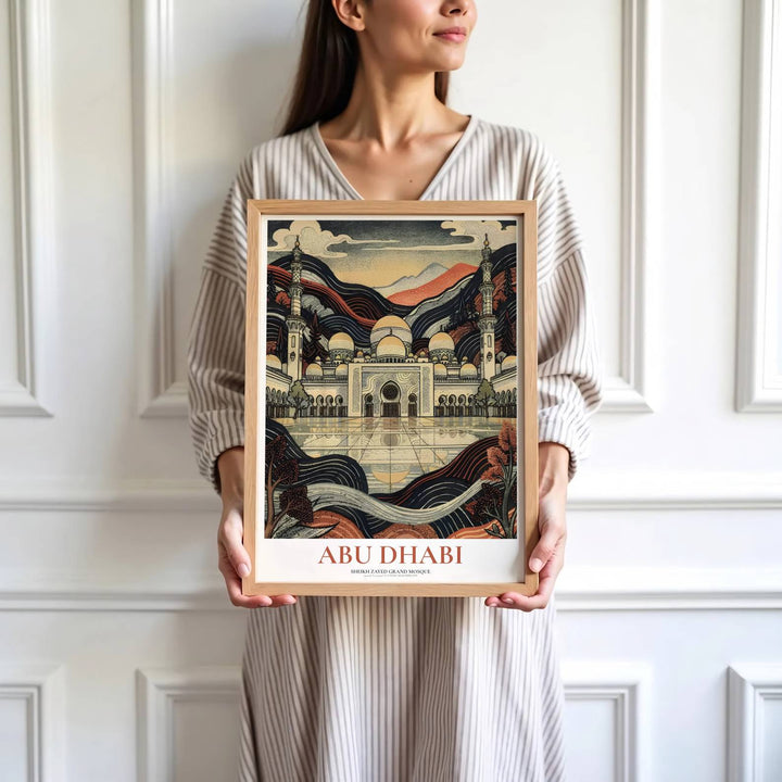 Intricate woodblock depiction of Sheikh Zayed Mosque in Abu Dhabi showcasing domes, archways, and reflecting pool. Brought by MapYourDreams, this artwork is available in flexible options including unframed paper, custom wooden frames, and gallery canvas wraps for office space art.