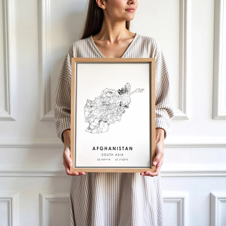 Scandinavian style country map poster of Afghanistan rendered in black vector lines against a white field, presented by MapYourDreams as an unframed paper print, gallery canvas, or custom framed decor in black and natural wood frames for studio wall arrangements.