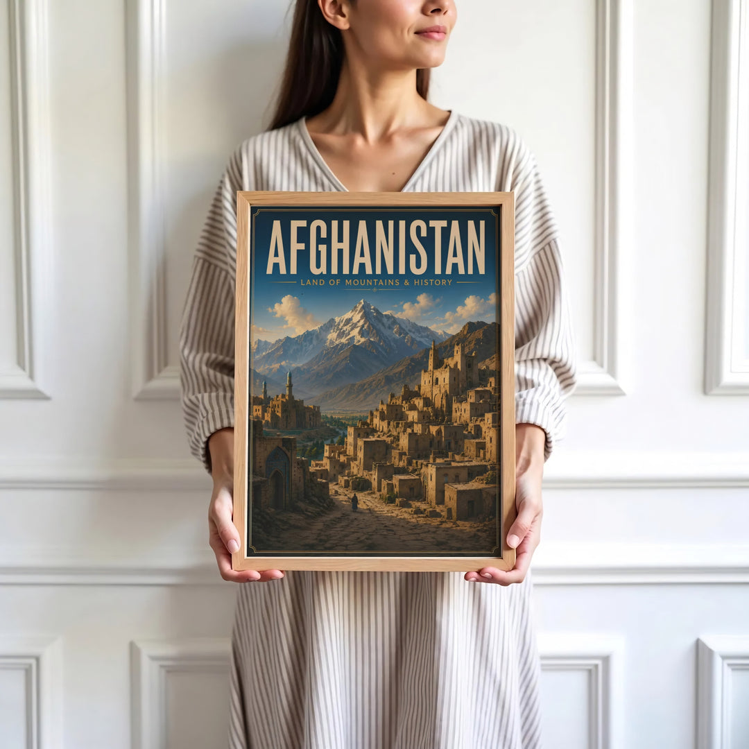 Dramatic vintage landscape poster of an Afghan citadel and mountain range rendered in retro travel art style, presented by MapYourDreams as an unframed paper print, gallery canvas, or custom framed decor in black, natural wood, and white frames for studio wall arrangements.