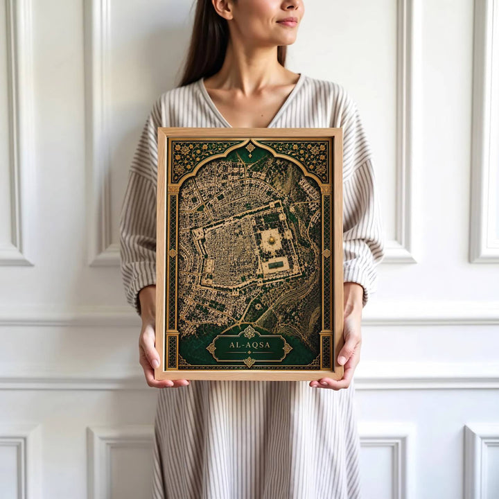 High-detail map artwork of the Old City of Jerusalem centering on Al Aqsa Compound with Islamic arch detailing. Brought by MapYourDreams, this artwork is available in flexible options including unframed paper, custom wooden frames, and gallery canvas wraps for office space art.