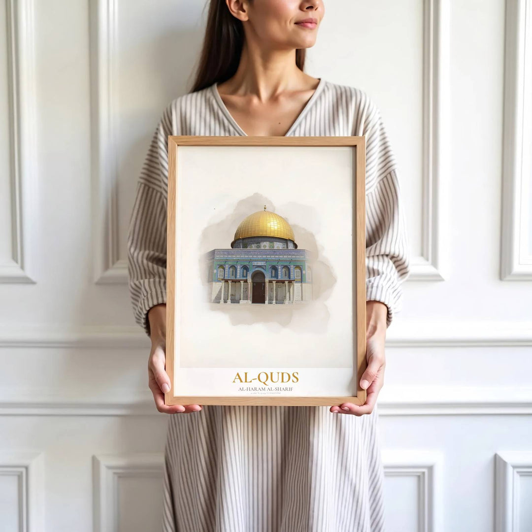 High detail watercolor print depicting the iconic Dome of the Rock facade in Al Quds Jerusalem Palestine. Brought by MapYourDreams, this artwork is available in flexible options including unframed paper, custom wooden frames, and gallery canvas wraps for study room decor.