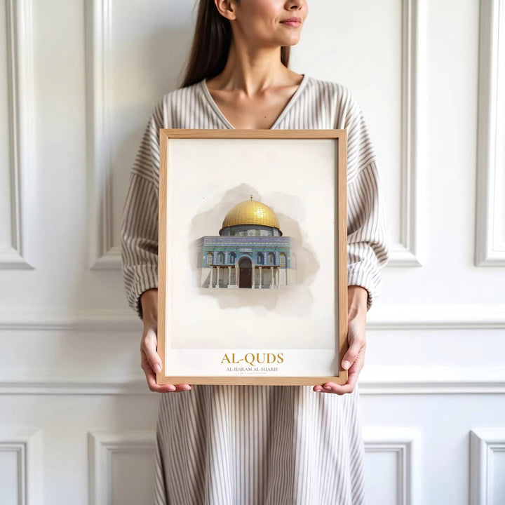 High detail watercolor print depicting the iconic Dome of the Rock facade in Al Quds Jerusalem Palestine. Brought by MapYourDreams, this artwork is available in flexible options including unframed paper, custom wooden frames, and gallery canvas wraps for study room decor.