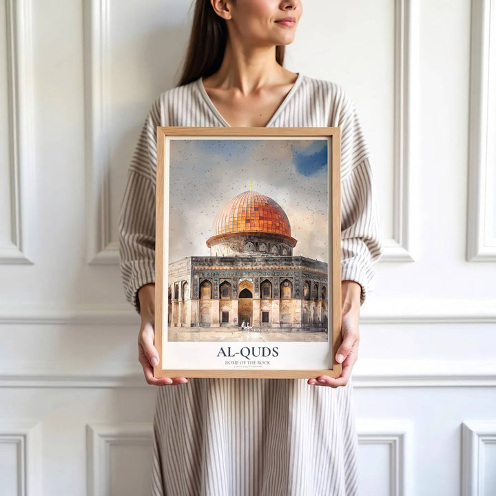 High detail watercolor print depicting the octagonal Dome of the Rock structure in Al Quds Jerusalem Palestine. Brought by MapYourDreams, this artwork is available in flexible options including unframed paper, custom wooden frames, and gallery canvas wraps for office space art.