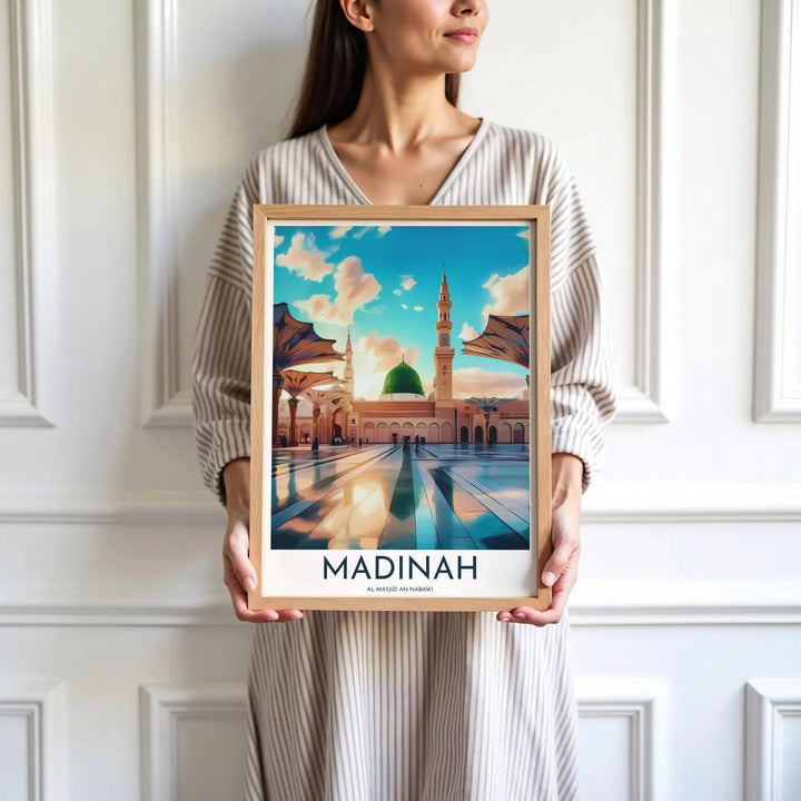 High detail art print of Madinah Prophet Mosque highlighting the central Green Dome and grand minarets. Brought by MapYourDreams, this artwork is available in flexible options including unframed paper, custom wooden frames, and gallery canvas wraps for office space art.