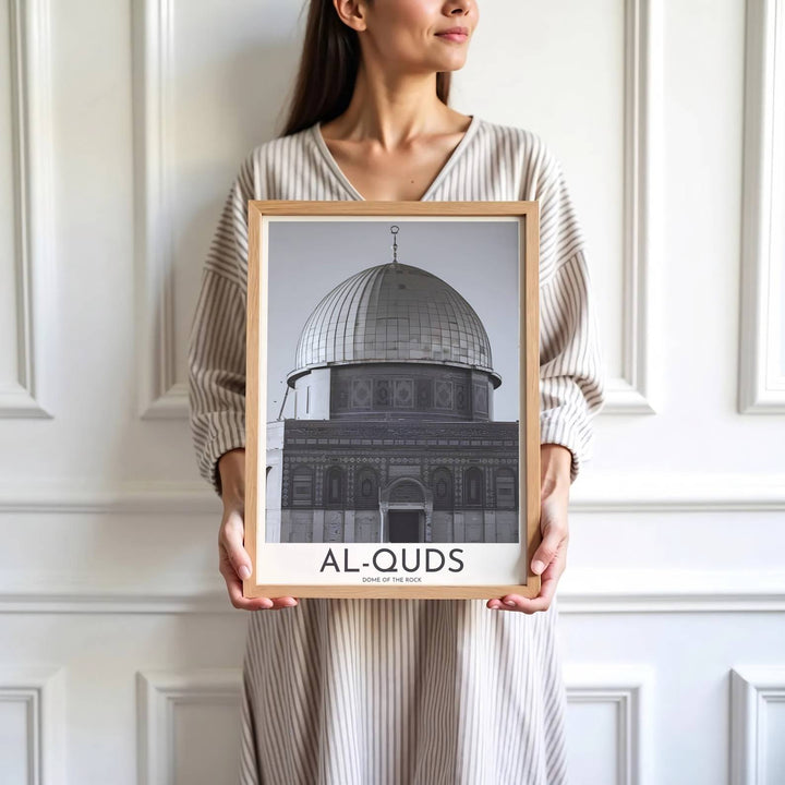 High detail monochrome print depicting the central dome and drum of the Dome of the Rock in Al Quds Jerusalem Palestine. Brought by MapYourDreams, this artwork is available in flexible options including unframed paper, custom wooden frames, and gallery canvas wraps for study room decor.