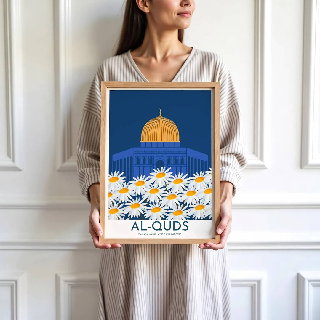 High detail vector print depicting the central dome and facade of Dome of the Rock in Al Quds Jerusalem Palestine. Brought by MapYourDreams, this artwork is available in flexible options including unframed paper, custom wooden frames, and gallery canvas wraps for study room decor.