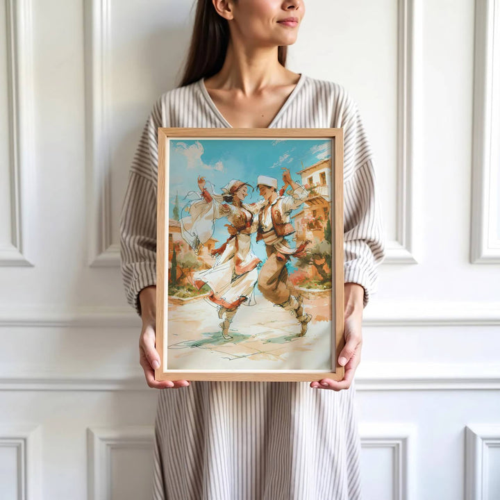 Crisp painterly artwork showing an Albanian couple dancing in a sun-drenched square with historic Balkan stone houses and wooden balconies. Offered by MapYourDreams, this artwork is available in flexible options including unframed paper, custom wooden frames, and gallery canvas wraps.