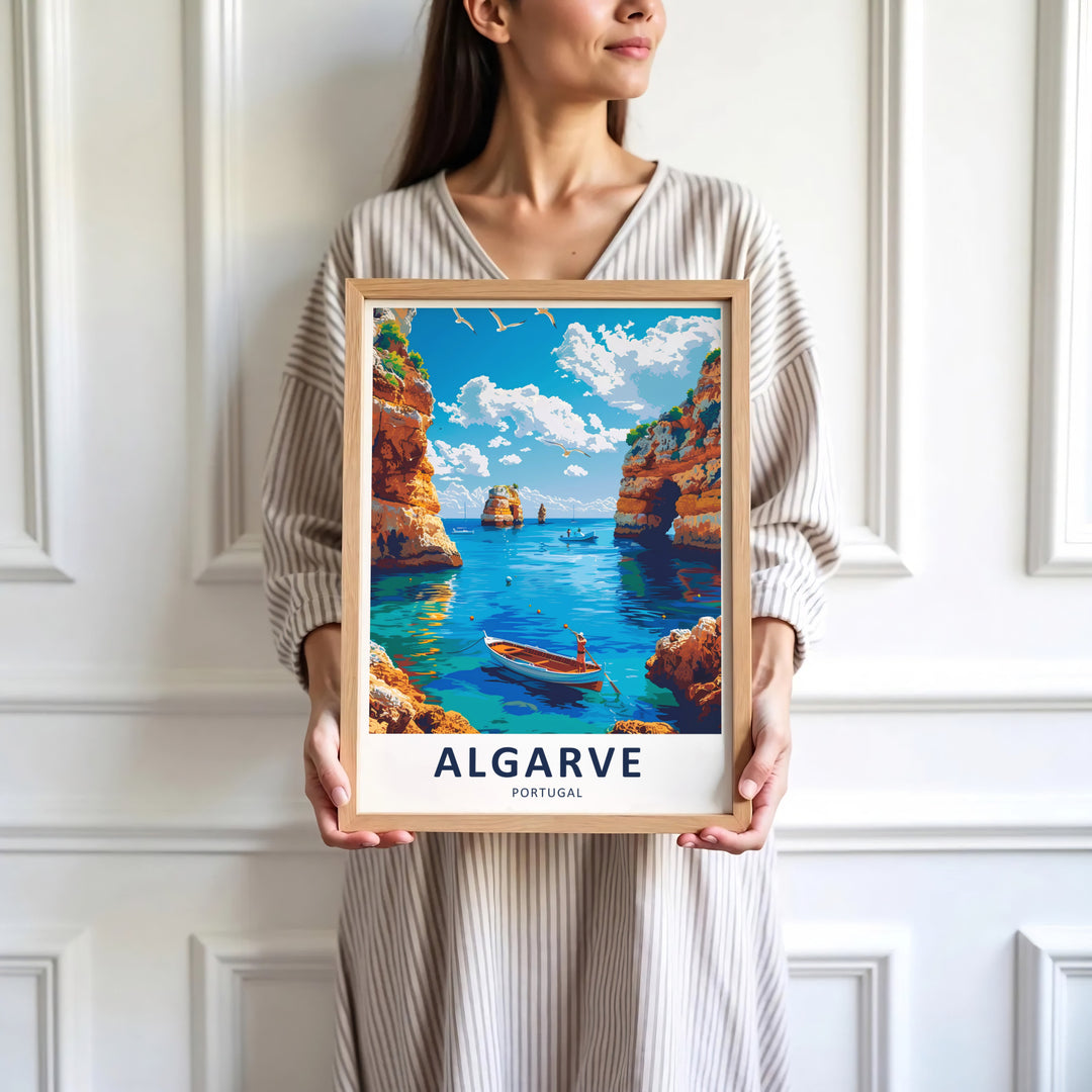 Beautiful sea arch vistas and turquoise water reflections highlight this Portugal travel poster featuring the Algarve coast. Available for purchase as an unframed print, wrapped canvas, or framed wall art setup.
