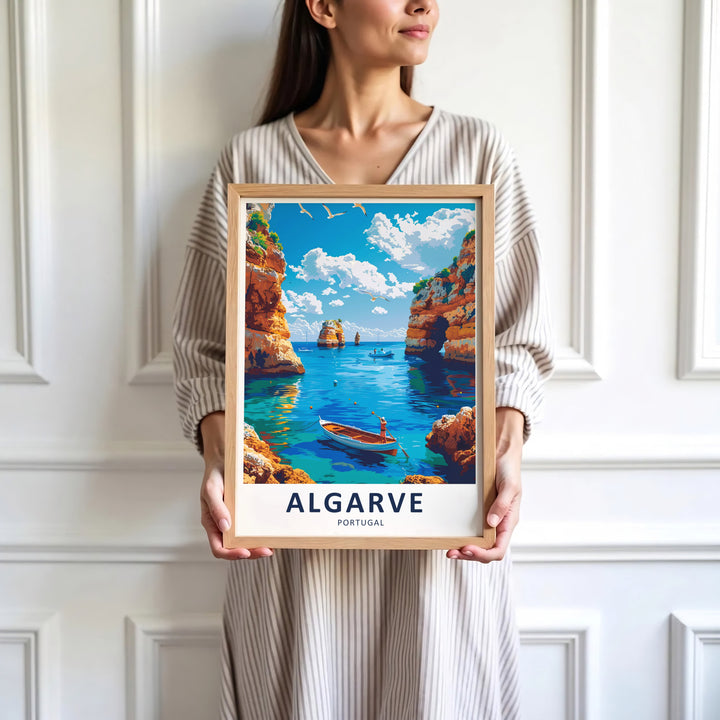 Beautiful sea arch vistas and turquoise water reflections highlight this Portugal travel poster featuring the Algarve coast. Available for purchase as an unframed print, wrapped canvas, or framed wall art setup.