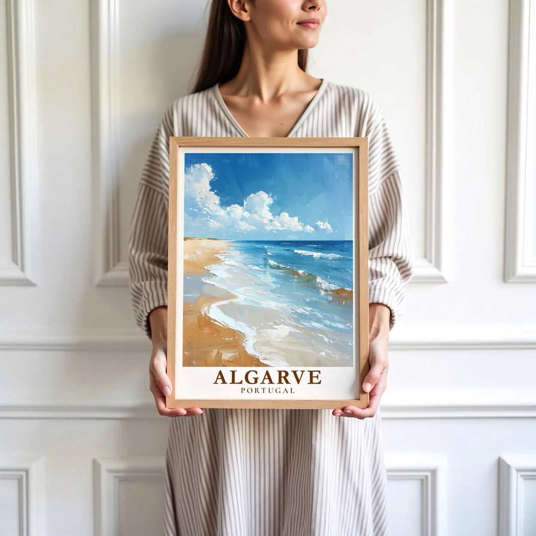 European painterly beach landscape art at Algarve Beach, Portugal shines in this blue and golden print. Order custom framed, unframed, and canvas options at MapYourDreams for an elegant coastal wall decor accent.