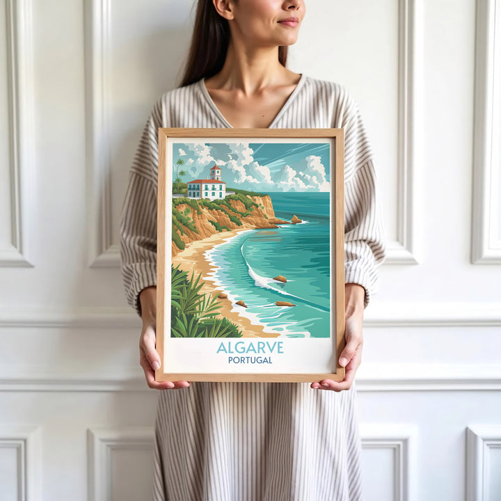 Sweeping coastline views and gentle ocean waves highlight this Algarve beach poster, available as a ready-to-hang gallery canvas or an unframed print carefully packed by MapYourDreams.