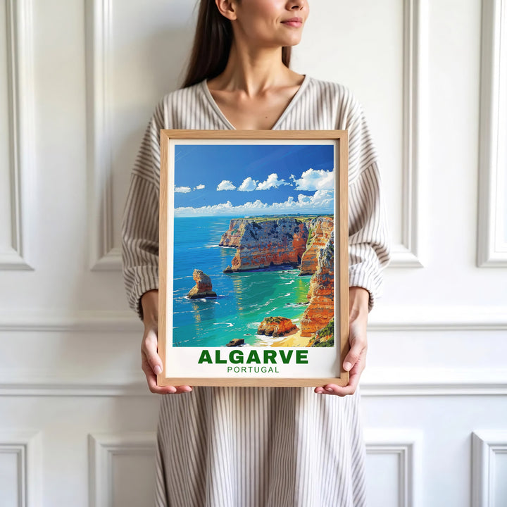 Panoramic views of natural limestone arches at Algarve Cliffs, Portugal star in this travel poster. MapYourDreams offers versatile framed, unframed, and canvas print options to refresh your room decor.