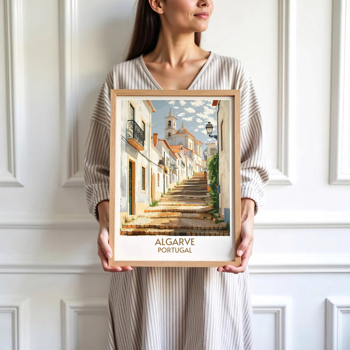 European historic village street art at Faro Old Town, Portugal shines in this white and terracotta print. Order custom framed, unframed, and canvas options at MapYourDreams for an elegant streetscape wall decor accent.