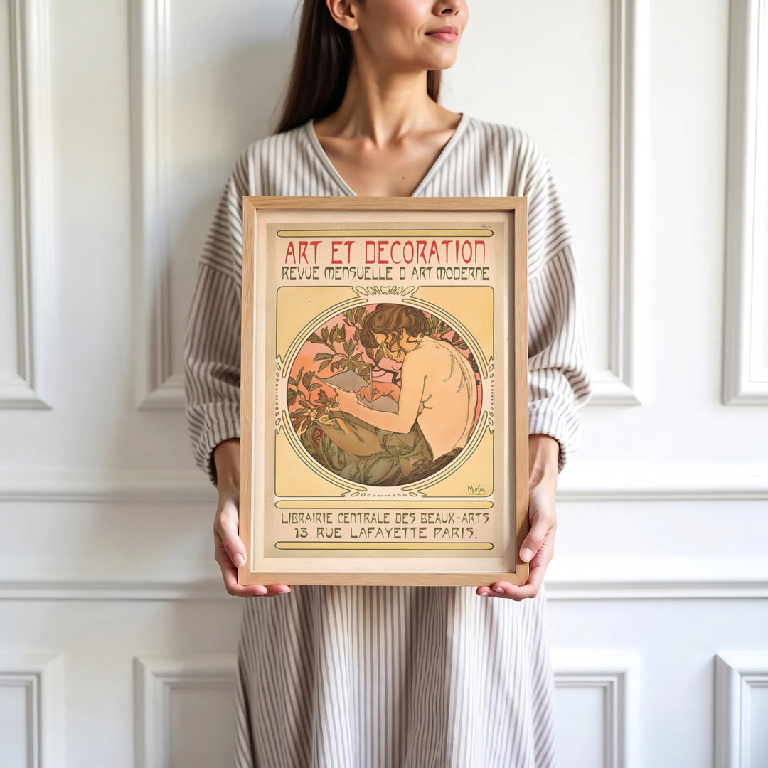 High-definition French sketch print Art Et Decoration artwork by artist Alphonse Mucha referencing Belle Époque masterworks at 13 Rue Lafayette Paris. Order custom framed, unframed, and canvas print options at MapYourDreams.