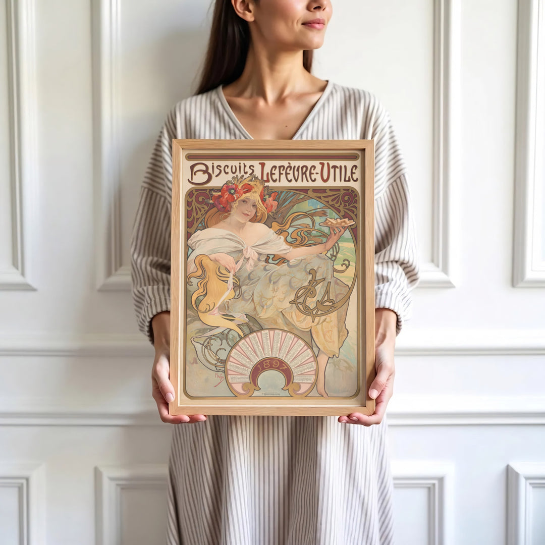 High-definition French portrait print Biscuits Lefevre Utile artwork by artist Alphonse Mucha referencing Belle Époque masterworks in Nantes France. Order custom framed, unframed, and canvas print options at MapYourDreams.