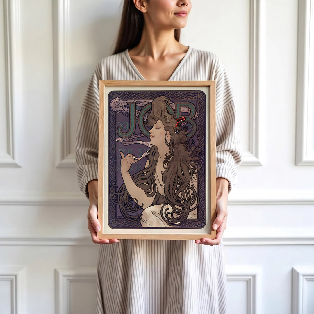 High-definition French portrait print JOB Cigarette Papers artwork by artist Alphonse Mucha referencing Belle Époque masterworks in Paris France. Order custom framed, unframed, and canvas print options at MapYourDreams.