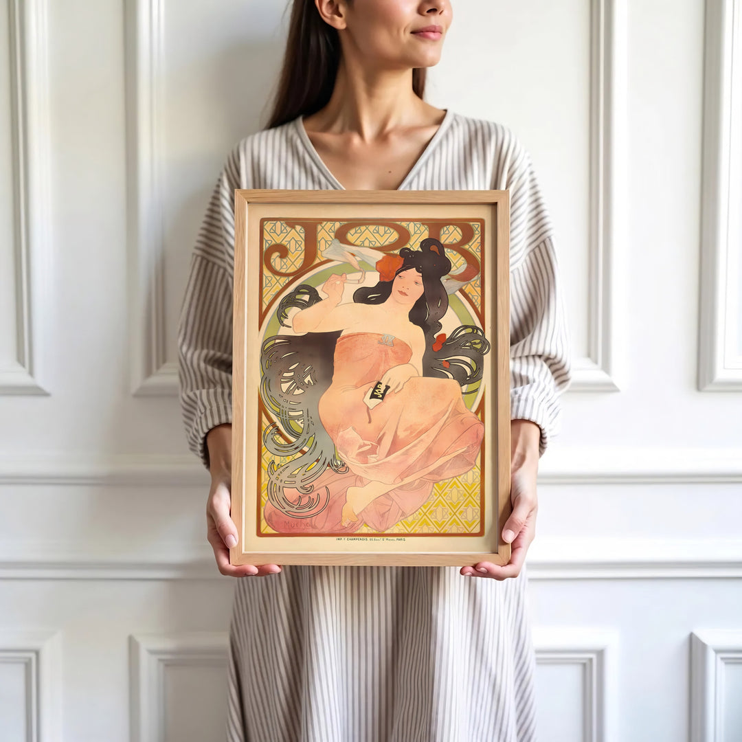 High-definition French portrait print JOB Cigarette Papers artwork by artist Alphonse Mucha referencing Belle Époque masterworks at Boulevard Saint-Michel Paris. Order custom framed, unframed, and canvas print options at MapYourDreams.