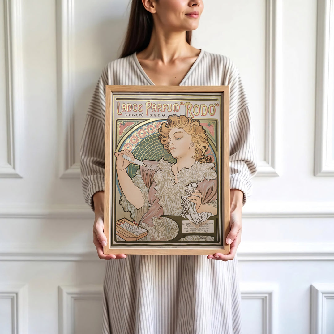 High-definition French portrait print Lance Parfum Rodo artwork by artist Alphonse Mucha referencing Belle Époque masterworks in Paris France. Order custom framed, unframed, and canvas print options at MapYourDreams.